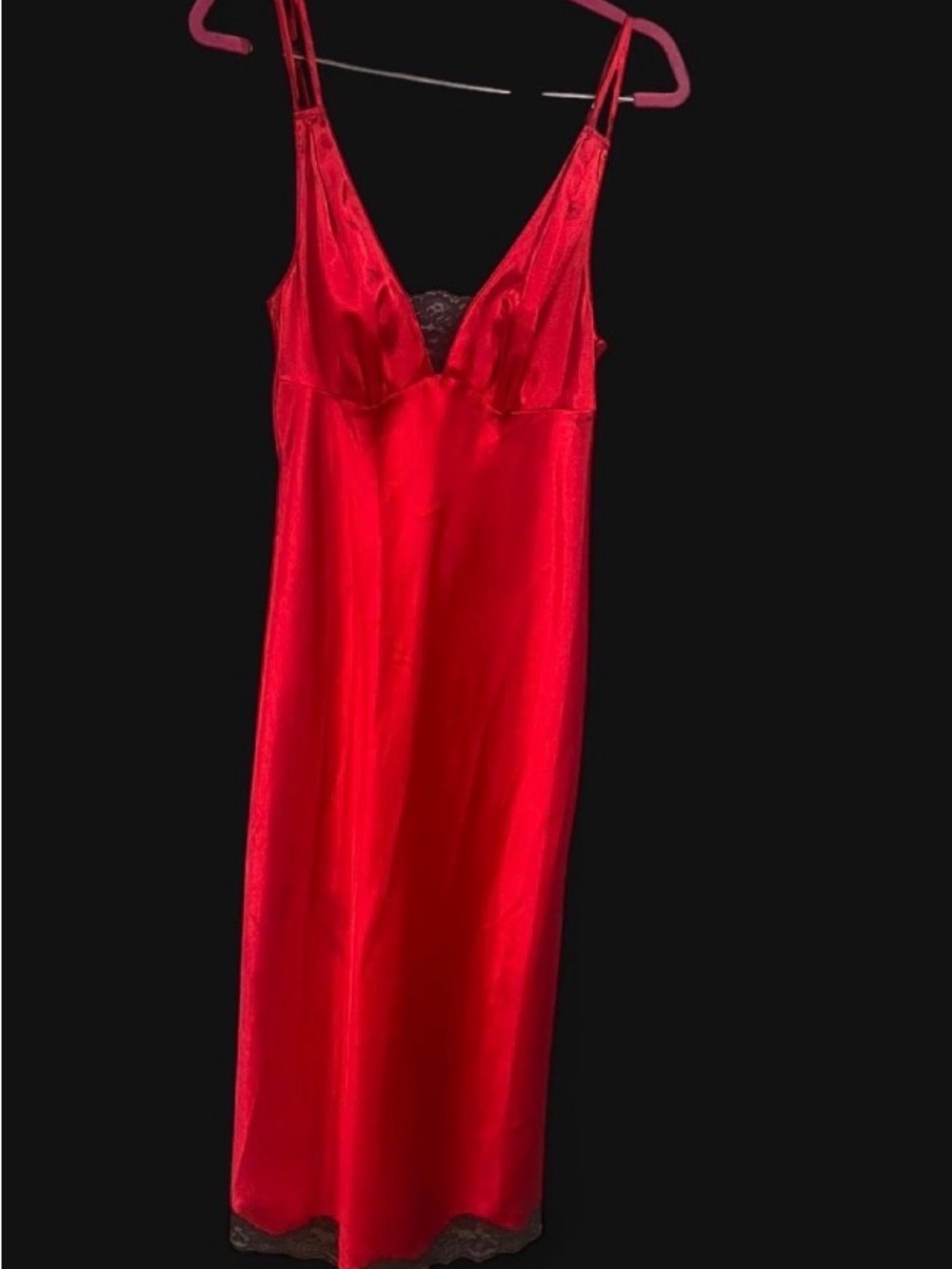 Red Satin Slip Dress with Lace Trim
